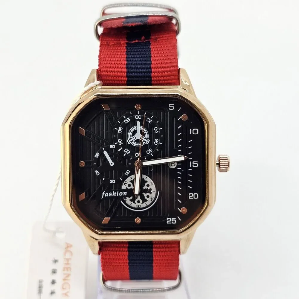Men's Watch 42MM‎ Black Dial Gold Case Date Indicator Red Blue Canvas Band Strap